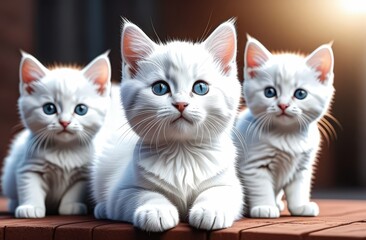 three white kittens sitting on the floor, close-up