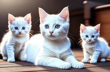 White cat with kittens sitting on the floor, close-up