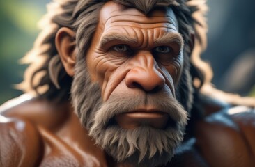 Close-up portrait of a primitive Neanderthal man