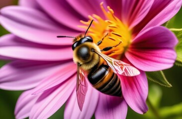 A bee collects nectar from a flower, macro photo