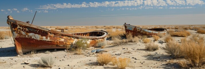 Apocalyptic Scenery of Aral Sea: Boats on Carcasses in a Desert Cemetery