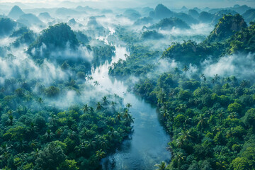 Misty jungle river landscape in early morning