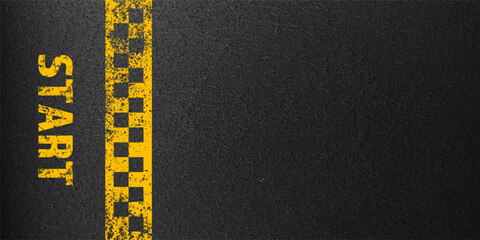 Asphalt road with yellow start line marking, concrete highway surface, texture. Street traffic lane, road dividing strip. Pattern with grainy structure, grunge stone background. Vector illustration