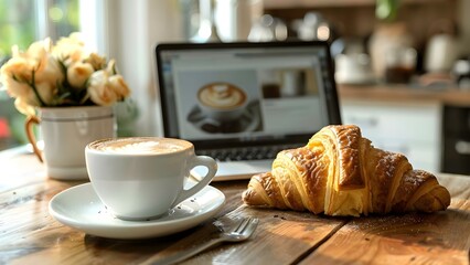 The Ideal Remote Work Setup: Coffee, Croissant, and Laptop at Work. Concept Remote Work, Coffee Break, Croissant Snack, Laptop Essentials
