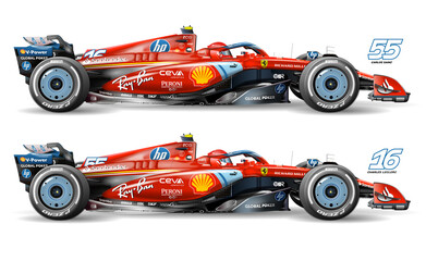 Fototapeta premium Miami, USA, may 5 2024, Ferrari HP SF-24 formula 1, Charles Leclerc number 16 and Carlos Sainz number 55, 2024 F1 world championship, illustration with new blue style on the white background