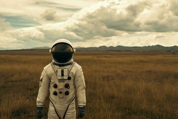 Astronaut in a full space suit stands in a wide, grassy field under a dramatic sky