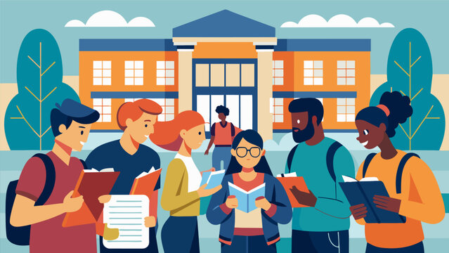In a crowded college campus library a group of students huddle together comparing notes and tips on filling out their FAFSA forms.. Vector illustration