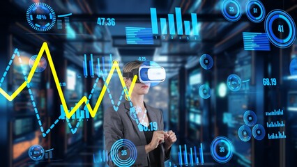 Woman searching dynamic data using hand sliding graph analysis by VR of future global innovation interface digital infographic network technology virtual hologram animation at server. Contraption.