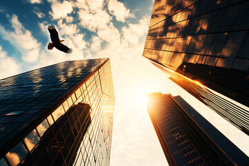 AI Image. Business office skyscrapers and bald eagle flying in majestic sky