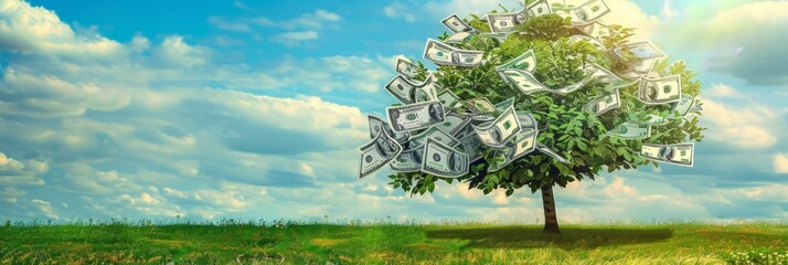 Cash tree: Hundred dollar bills sprouting on green landscape