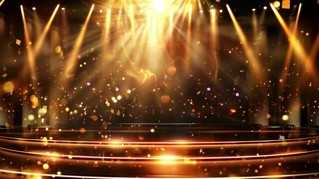 Luxury stage with golden light lamp background with splashes and confetti