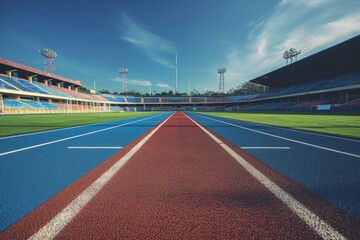 Vibrant start line on an empty running track in a sports stadium under clear skies