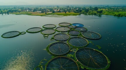 A large body of water with many circular objects floating on it - Powered by Adobe