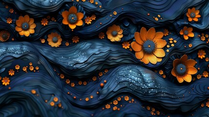 3d illustration of abstract background with blue and orange flowers in water