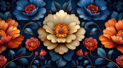 3D illustration of a beautiful floral background in blue and orange colors