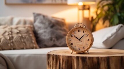 Boho interior design of modern living room, home. Close up of alarm clock on round wooden table near sofa