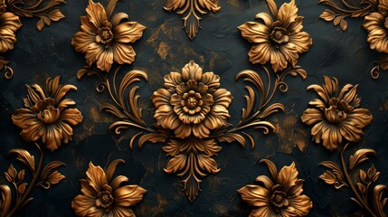 3d render of gold floral ornament on black textured background