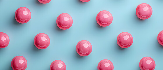 Repeating pattern with pink ping pong balls on blue background.