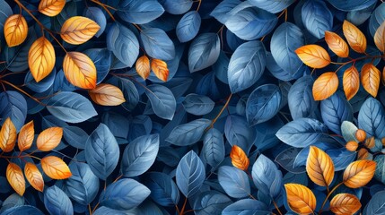 3d render, abstract background, floral pattern, blue and orange leaves