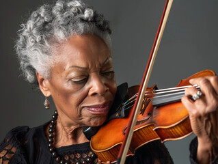Closeup portrait os a senior black woman playing the violin with a serious expression.
