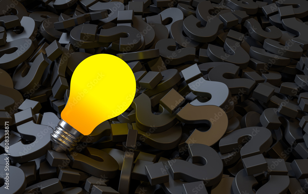Poster one glowing idea light bulb shining among the question marks on dark background. 3d rendering