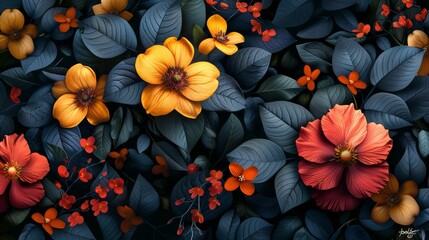 3d rendering of red and orange flowers and leaves on dark background.jpeg - Powered by Adobe