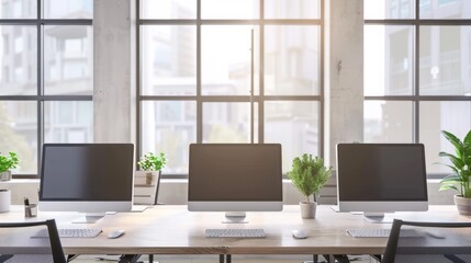 Office coworking interior with pc computers in row and window. Mockup wall hyper realistic 