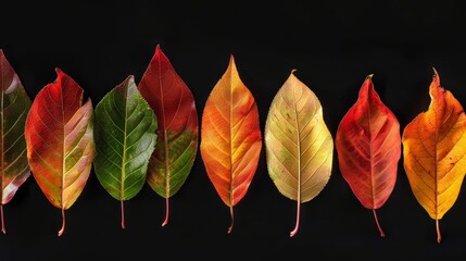 A series of autumn leaves transitioning from green to vibrant reds and oranges, depicting the natural progression of aging and the beauty in life's seasons
