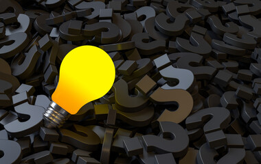 One Glowing Idea Light Bulb Shining Among the Question Marks on Dark Background. 3d Rendering