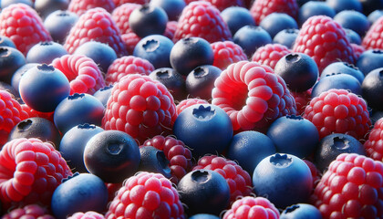 Summer, ripe berries background, rasberry and blueberry