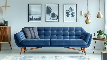 Modern Blue Sofa with Wooden Side Table and Wall Art in a Room. Concept Interior Design, Home Decor, Modern Furniture, Colorful Accents, Wall Art