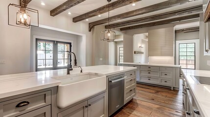 Kitchen with modern farmhouse style neutral palette, exposed beams, sleek finishes White background with a farmhouse sink - obrazy, fototapety, plakaty