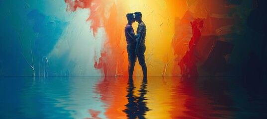 young people kissing on a rainbow background