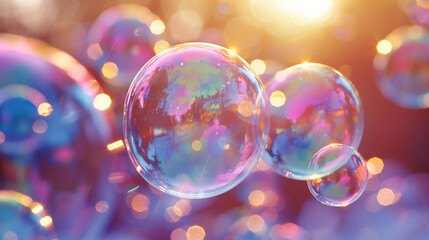 Lots of purple flying  soap bubbles  in the sun beams , background and wallpaper 