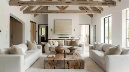 Living room with modern farmhouse style rustic beams, cozy textiles, neutral tones, sleek modern finishes White background and a wooden coffee table centerpiece