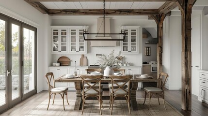Modern farmhouse dining room neutral tones, contemporary finishes, rustic beams Isolated white background with a farmhousestyle dining table set for breakfast