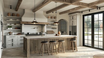 Modern farmhouse kitchen neutral tones, rustic wood beams, contemporary finishes White background highlighting a kitchen island