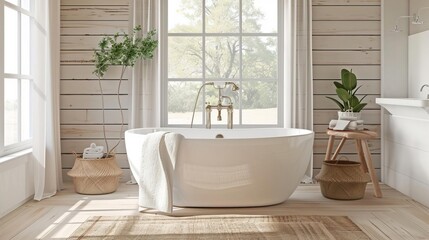 Fototapeta na wymiar Bathroom in modern farmhouse style sleek finishes, exposed wood, and neutral tones White background showcasing a freestanding tub