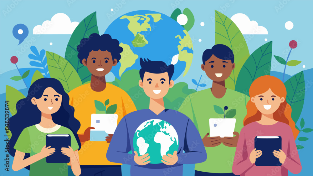 Poster a group of techsavvy youngsters using their online presence to raise awareness about environmental i