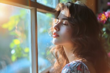 Pensive young lady basks in the warm glow of a sunny window, surrounded by flora