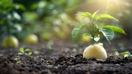 Isolated image of a young pomelo plant in rich soil. Concept Plant Photography, Growing Pomelo, Fresh Soil, Horticulture, Nature Close-up
