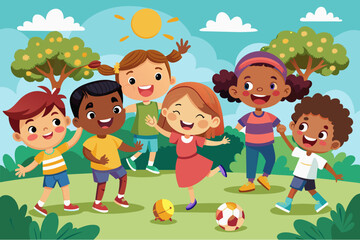 Illustration of a diverse group of six children happily playing in a sunny park with trees, a soccer ball, and butterflies around