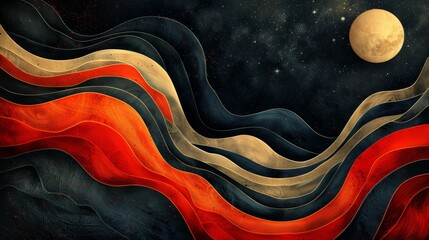 Abstract background with red, orange and black waves and full moon..jpeg
