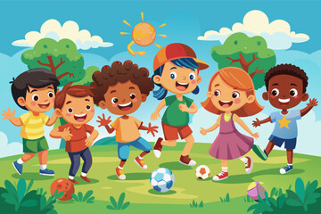 Illustration of a diverse group of six children happily playing in a sunny park with trees, a soccer ball, and butterflies around