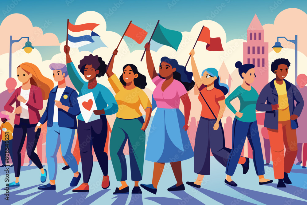 Aufkleber a colorful illustration of a diverse group of people marching in a park with flags, expressing enthu