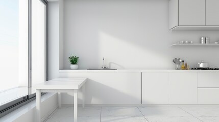 White and gray kitchen with table and blank wall hyper realistic 