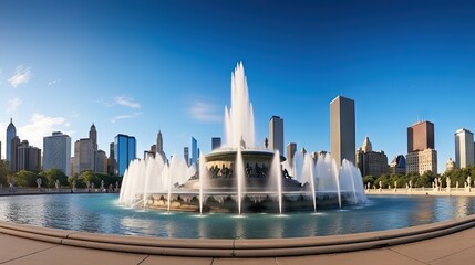 Panoramic View of Chicago Skyline and Buckingham Fountain on a Sunny Day