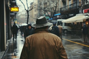 Solitary man in a hat and raincoat walking on a city sidewalk in the rain