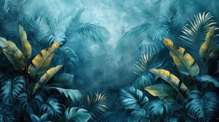 Illustration of tropical wallpaper tropical flowers, palm leaves