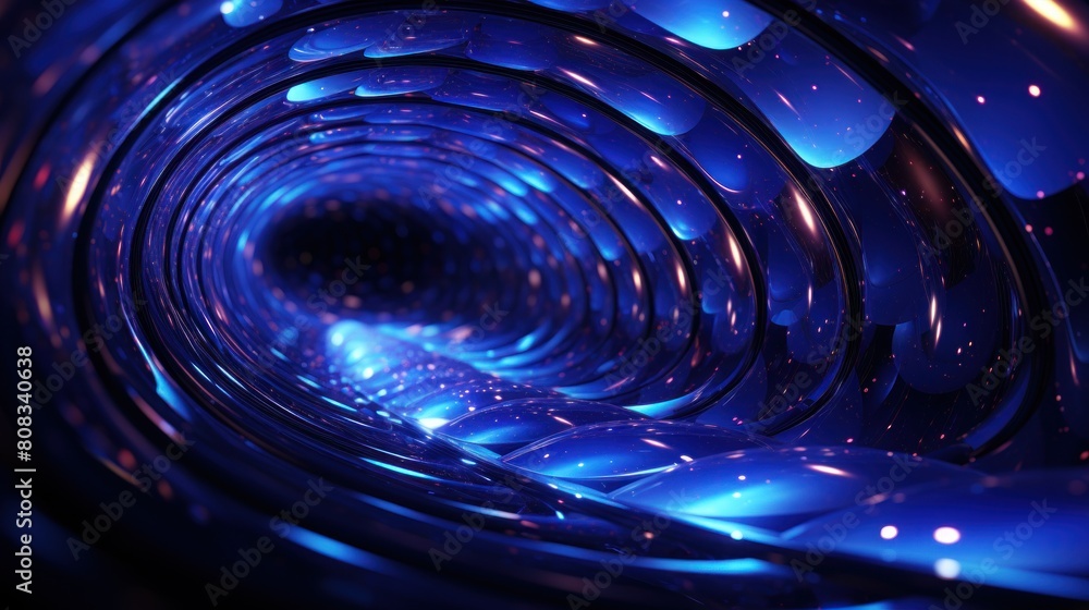 Poster futuristic blue tunnel with abstract light patterns and reflective surfaces in a wormhole concept
